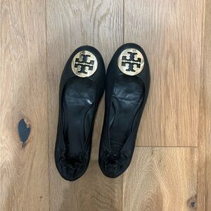 Tory Burch Black Flats with Gold Logo